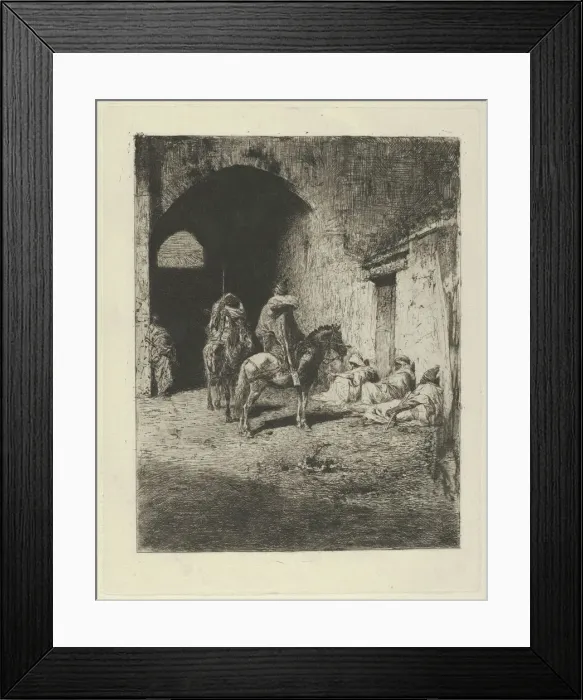 Framed Print : Guards on horseback at the entrance to the Kasbah in Tetuan, figures sitting on the gro, ca. 1873. Creator: Mariano Jose Maria Bernardo Fortuny y Carbo Framed Print : Guards on horseback at the entrance to the Kasbah in Tetuan, figures sitting on the gro, ca. 1873. Creator: Mariano Jose Maria Bernardo Fortuny y Carbo