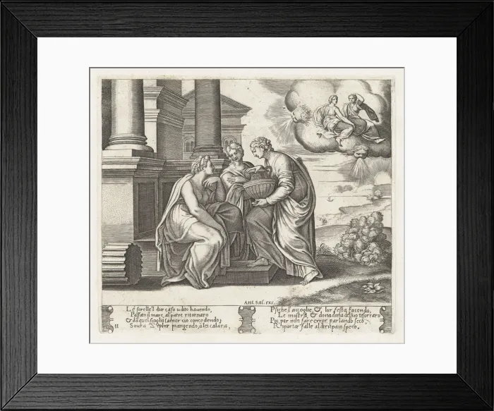 Framed Print : Plate 11: Psyche offering presents to her sisters who also appear on the clouds at uppe... 1530-60. Creator: Master of the Die Framed Print : Plate 11: Psyche offering presents to her sisters who also appear on the clouds at uppe... 1530-60. Creator: Master of the Die