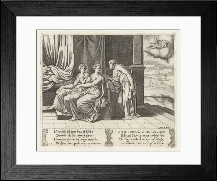 Framed Print : Plate 12: Psyches sisters persuading Psyche that she has been sleeping with a serpent... 1530-60. Creator: Master of the Die Framed Print : Plate 12: Psyches sisters persuading Psyche that she has been sleeping with a serpent... 1530-60. Creator: Master of the Die