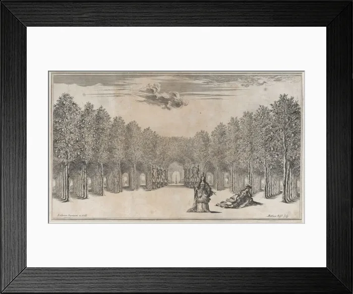 Framed Print : Two females in the foreground, one standing the other reclining, surrounded by tree-lined... 1668. Creator: Mathaus Küsel Framed Print : Two females in the foreground, one standing the other reclining, surrounded by tree-lined... 1668. Creator: Mathaus Küsel