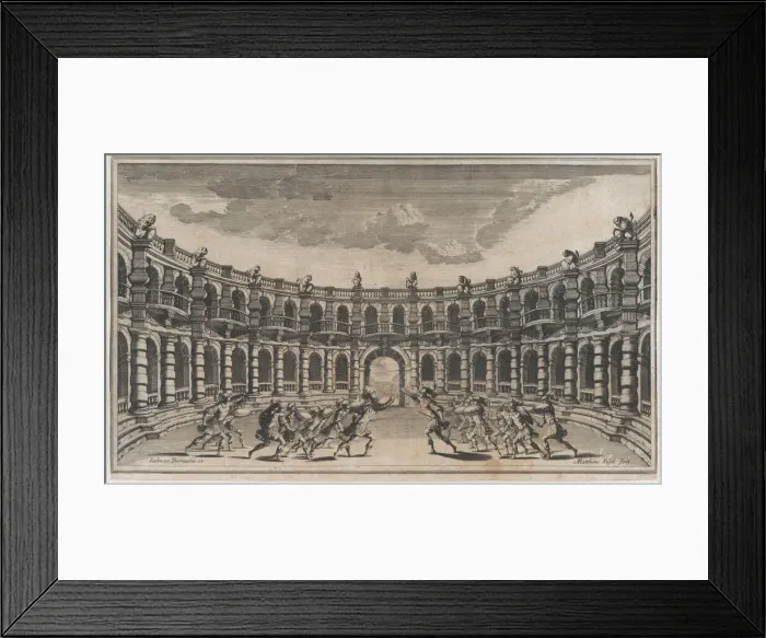 Framed Print : Amphitheater with two groups of soldiers running toward each other; set design from Il Po... 1668. Creator: Mathaus Küsel