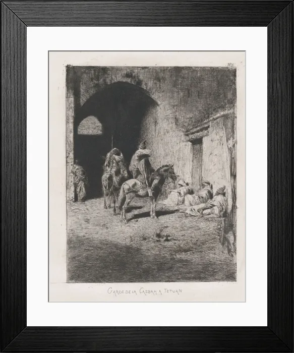 Framed Print : Entrance to the Kasbah in Tetuan, figures sitting on the ground, others on horseback... ca. 1873. Creator: Mariano Jose Maria Bernardo Fortuny y Carbo Framed Print : Entrance to the Kasbah in Tetuan, figures sitting on the ground, others on horseback... ca. 1873. Creator: Mariano Jose Maria Bernardo Fortuny y Carbo