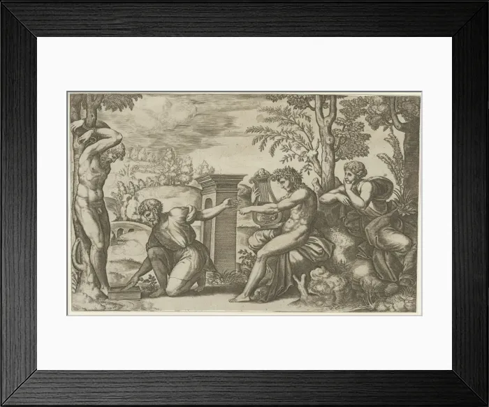 Framed Print : Apollo seated at the right with a lyre, pointing to a kneeling man who is about to flay... 1530-60. Creator: Master of the Die Framed Print : Apollo seated at the right with a lyre, pointing to a kneeling man who is about to flay... 1530-60. Creator: Master of the Die