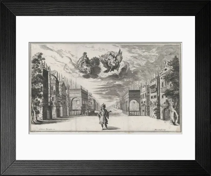 Framed Print : A man stands at center, flanked by rows of buildings; above Jupiter atop an eagle and Juno... 1668. Creator: Mathaus Küsel