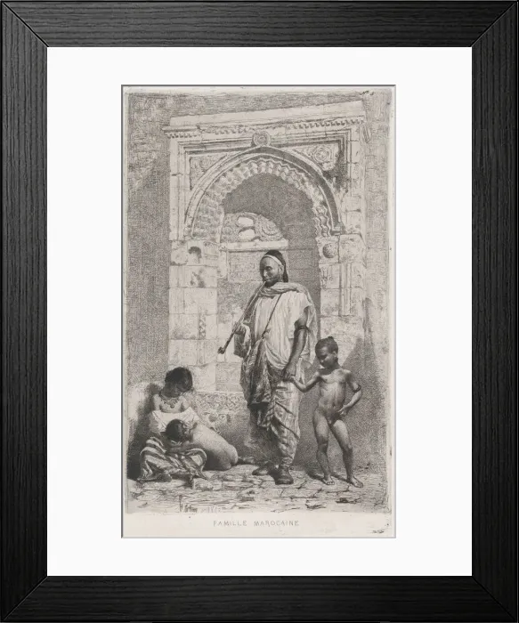 Framed Print : A Moroccan family in front of an arch, father standing, mother lower left on the ground ho... 1862. Creator: Mariano Jose Maria Bernardo Fortuny y Carbo Framed Print : A Moroccan family in front of an arch, father standing, mother lower left on the ground ho... 1862. Creator: Mariano Jose Maria Bernardo Fortuny y Carbo