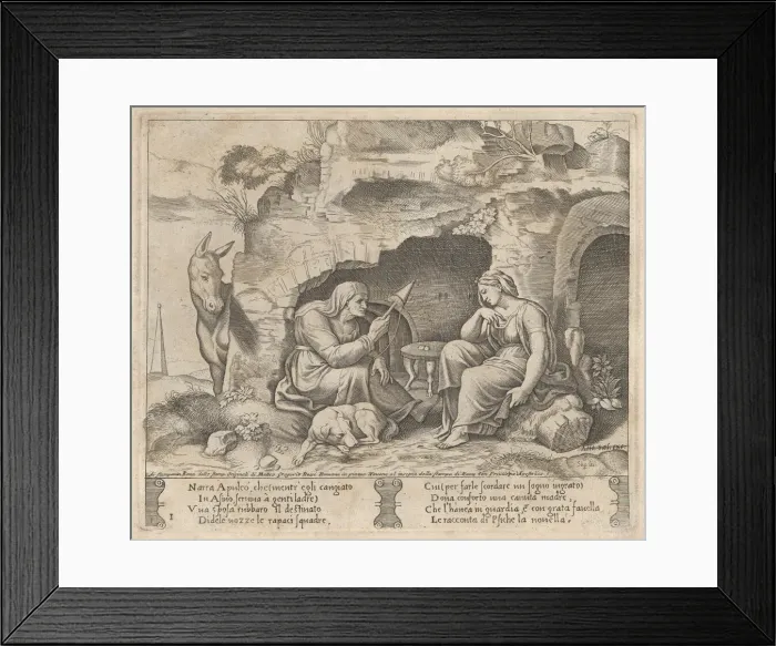 Framed Print : Plate 1: Apuleius changed into a donkey, listening to the story told by the old woman... 1530-60. Creator: Master of the Die Framed Print : Plate 1: Apuleius changed into a donkey, listening to the story told by the old woman... 1530-60. Creator: Master of the Die