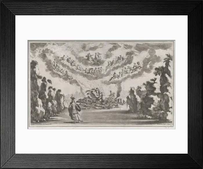 Framed Print : A woman in a chariot arrives at the ruins of a building as the Olympian gods look down fro... 1668. Creator: Mathaus Küsel Framed Print : A woman in a chariot arrives at the ruins of a building as the Olympian gods look down fro... 1668. Creator: Mathaus Küsel