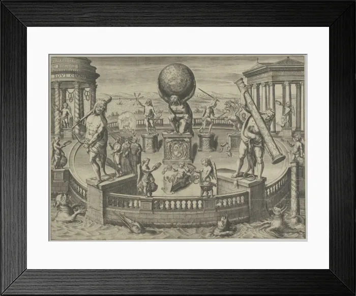 Framed Print : Allegory of the Twelve Labors of Hercules Statues in a Circular Garde... mid 16th-mid 17th century. Creator: Matthaeus Greuter Framed Print : Allegory of the Twelve Labors of Hercules Statues in a Circular Garde... mid 16th-mid 17th century. Creator: Matthaeus Greuter