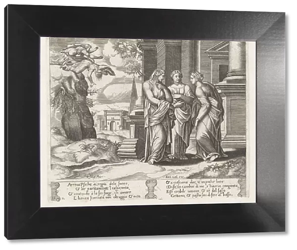 Plate 15: Psyche telling her sisters about her misfortunes, with her sisters falling of... 1530-60. Creator: Master of the Die
