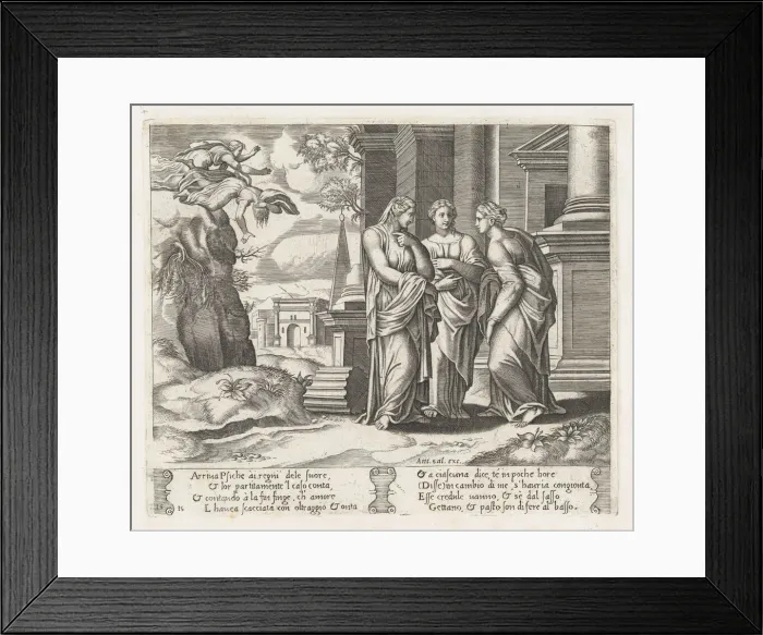 Framed Print : Plate 15: Psyche telling her sisters about her misfortunes, with her sisters falling of... 1530-60. Creator: Master of the Die Framed Print : Plate 15: Psyche telling her sisters about her misfortunes, with her sisters falling of... 1530-60. Creator: Master of the Die