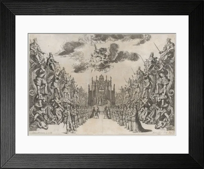 Framed Print : Magnificent Hall of Astrea; men and women gathered in the street to view a procession thro... 1678. Creator: Mathaus Küsel Framed Print : Magnificent Hall of Astrea; men and women gathered in the street to view a procession thro... 1678. Creator: Mathaus Küsel