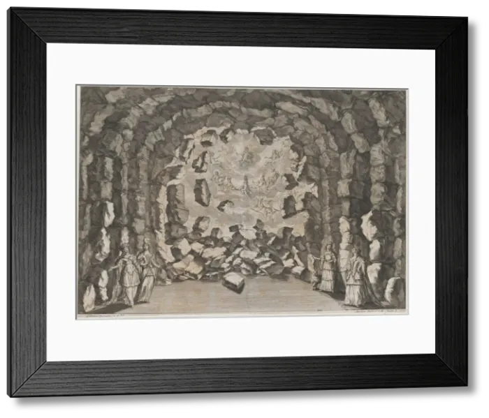 Framed Print : A grotto with collapsing rocks, opening to a sky full of the enthroned gods of Olympus, in... 1678. Creator: Mathaus Küsel Framed Print : A grotto with collapsing rocks, opening to a sky full of the enthroned gods of Olympus, in... 1678. Creator: Mathaus Küsel