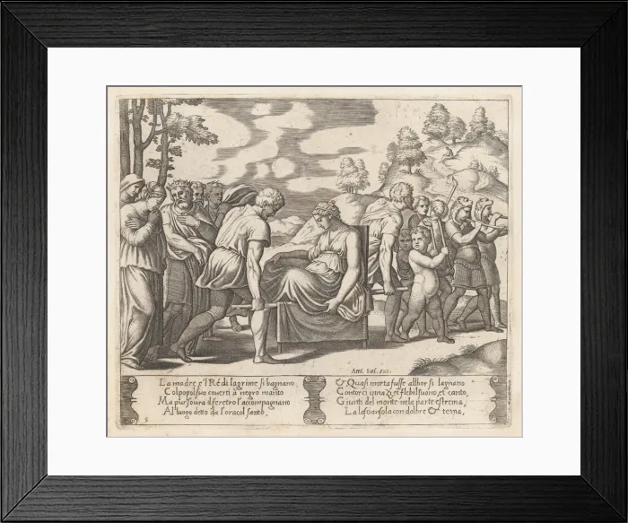 Framed Print : Plate 5: Psyche, seated, being taken to a mountain with a musical troupe lead the way... 1530-60. Creator: Master of the Die Framed Print : Plate 5: Psyche, seated, being taken to a mountain with a musical troupe lead the way... 1530-60. Creator: Master of the Die