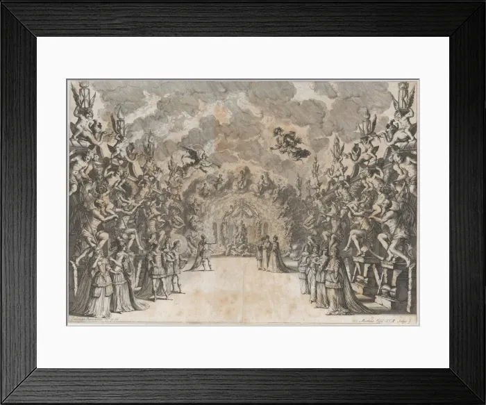 Framed Print : The Seat of Saturn; Saturn at center, seated on a throne of rubble, conversing with a king... 1678. Creator: Mathaus Küsel Framed Print : The Seat of Saturn; Saturn at center, seated on a throne of rubble, conversing with a king... 1678. Creator: Mathaus Küsel