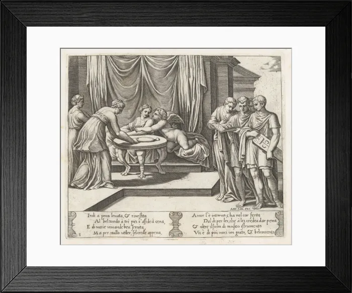 Framed Print : Plate 8: Psyche seated at a table attended by invisible servants, as Cupid rests his he... 1530-60. Creator: Master of the Die Framed Print : Plate 8: Psyche seated at a table attended by invisible servants, as Cupid rests his he... 1530-60. Creator: Master of the Die