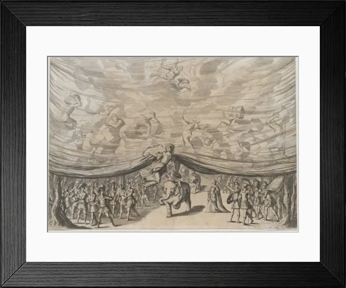 Framed Print : Prologue; the stage curtain is lifted to reveal a soldier on an elephant surrounded by his... 1678. Creator: Mathaus Küsel Framed Print : Prologue; the stage curtain is lifted to reveal a soldier on an elephant surrounded by his... 1678. Creator: Mathaus Küsel