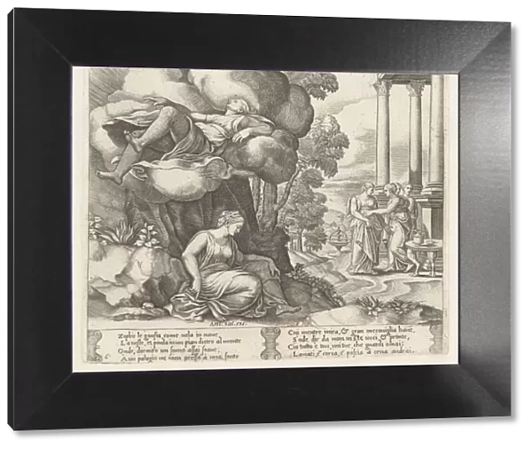 Plate 6: Zephyr carrying Psyche to an enchanted palace, from the Story of Cupid and Psy... 1530-60. Creator: Master of the Die