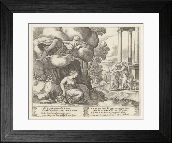 Framed Print : Plate 6: Zephyr carrying Psyche to an enchanted palace, from the Story of Cupid and Psy... 1530-60. Creator: Master of the Die Framed Print : Plate 6: Zephyr carrying Psyche to an enchanted palace, from the Story of Cupid and Psy... 1530-60. Creator: Master of the Die