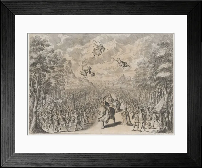 Framed Print : An army marching through a field; soldiers on foot at left and right, while others ride el... 1678. Creator: Mathaus Küsel Framed Print : An army marching through a field; soldiers on foot at left and right, while others ride el... 1678. Creator: Mathaus Küsel