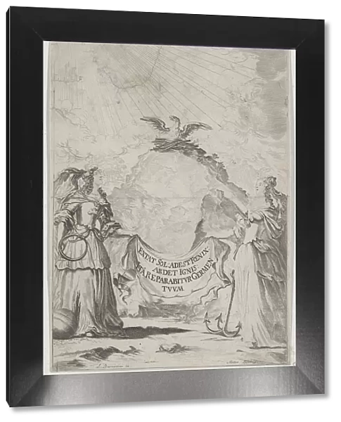 Two women holding a banner at center as a phoenix rises above; set design from Il Fuoco E... 1674. Creator: Mathaus Küsel