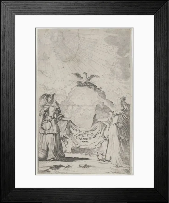 Framed Print : Two women holding a banner at center as a phoenix rises above; set design from Il Fuoco E... 1674. Creator: Mathaus Küsel Framed Print : Two women holding a banner at center as a phoenix rises above; set design from Il Fuoco E... 1674. Creator: Mathaus Küsel