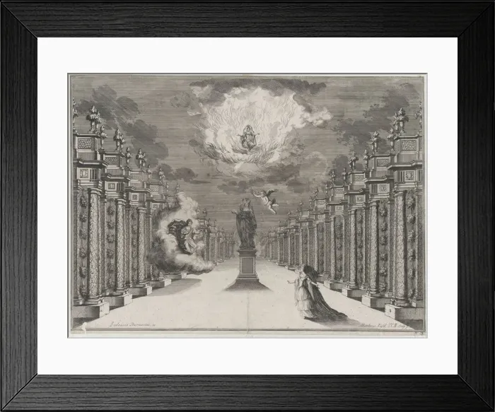 Framed Print : A woman standing on the right side of a road lined with columns; at center a statue of a f... 1674. Creator: Mathaus Küsel Framed Print : A woman standing on the right side of a road lined with columns; at center a statue of a f... 1674. Creator: Mathaus Küsel