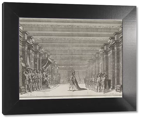 Throne room with a man in classical armor standing at center addressing a man seated on a... 1674. Creator: Mathaus Küsel