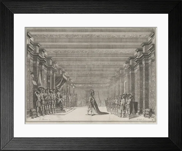 Framed Print : Throne room with a man in classical armor standing at center addressing a man seated on a... 1674. Creator: Mathaus Küsel Framed Print : Throne room with a man in classical armor standing at center addressing a man seated on a... 1674. Creator: Mathaus Küsel