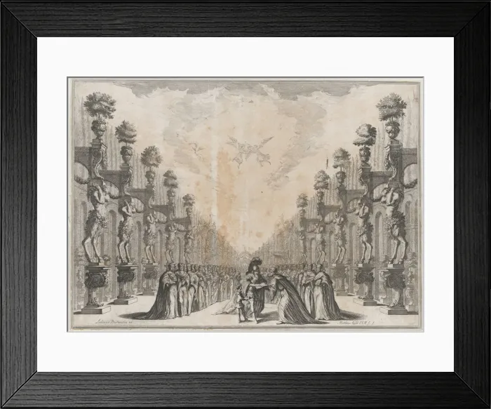 Framed Print : Three men at center, an old man who holding out an open book for a soldier to sign as a sm... 1674. Creator: Mathaus Küsel Framed Print : Three men at center, an old man who holding out an open book for a soldier to sign as a sm... 1674. Creator: Mathaus Küsel