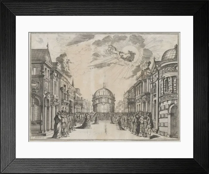 Framed Print : A large gathering of people in the street as a goddess races across the sky in a chariot l... 1674. Creator: Mathaus Küsel Framed Print : A large gathering of people in the street as a goddess races across the sky in a chariot l... 1674. Creator: Mathaus Küsel