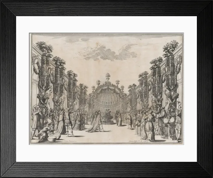 Framed Print : A large group gathered in a courtyard before a domed structure; musicians play at left; se... 1674. Creator: Mathaus Küsel Framed Print : A large group gathered in a courtyard before a domed structure; musicians play at left; se... 1674. Creator: Mathaus Küsel