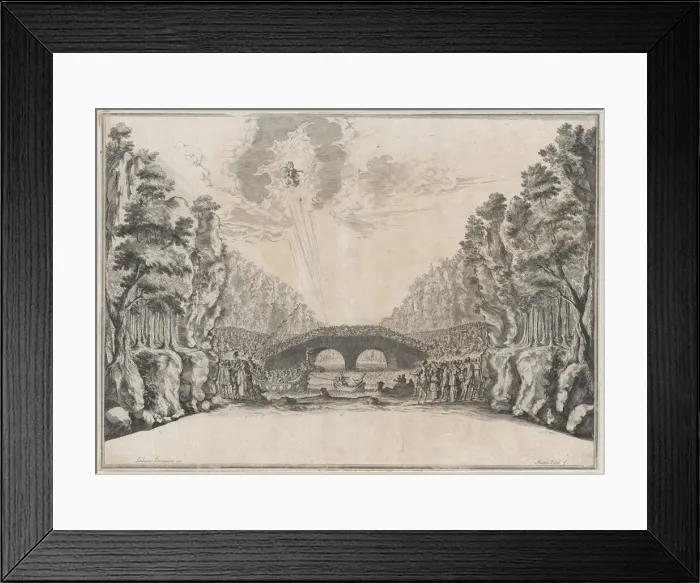 Framed Print : A row boat leading a ship to shore while a large group of figures looks on from the coast... 1674. Creator: Mathaus Küsel Framed Print : A row boat leading a ship to shore while a large group of figures looks on from the coast... 1674. Creator: Mathaus Küsel
