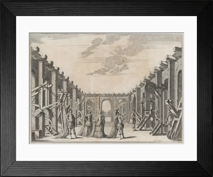 Framed Print : Two men in classical armor and two women looking at the mechanical devices on either side... 1674. Creator: Mathaus Küsel Framed Print : Two men in classical armor and two women looking at the mechanical devices on either side... 1674. Creator: Mathaus Küsel