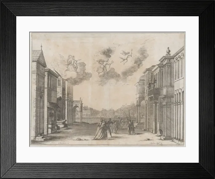 Framed Print : Figures gathered at a seaport as a ship arrives; set design from Il Fuoco Eterno, 1674. Creator: Mathaus Küsel Framed Print : Figures gathered at a seaport as a ship arrives; set design from Il Fuoco Eterno, 1674. Creator: Mathaus Küsel