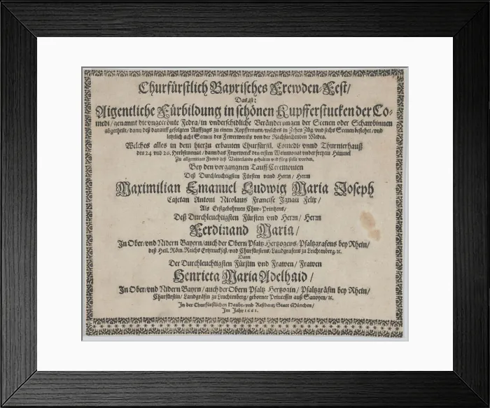 Framed Print : Text to accompany plate illustrating the fireworks display celebrating the birth of Prince... 1662. Creator: Mathaus Küsel Framed Print : Text to accompany plate illustrating the fireworks display celebrating the birth of Prince... 1662. Creator: Mathaus Küsel