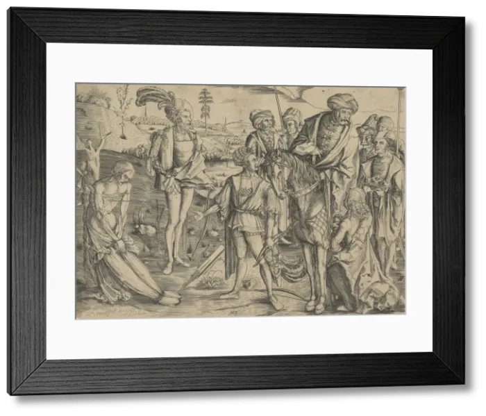 Framed Print : The Kings Sons Shooting Their Fathers Corpse, ca. 1500. Creator: Matthaus Zasinger