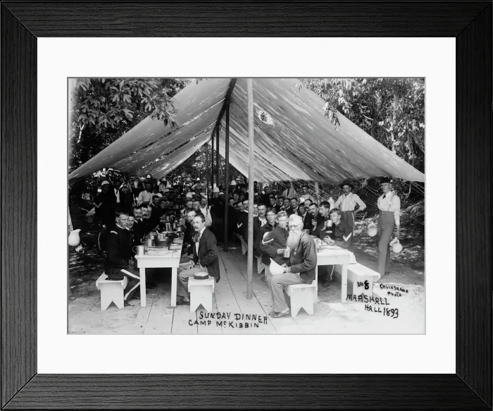 Framed Print : Sunday dinner, Camp McKibbin, Marshall Hall, 1893. Creator: William Cruikshank Framed Print : Sunday dinner, Camp McKibbin, Marshall Hall, 1893. Creator: William Cruikshank
