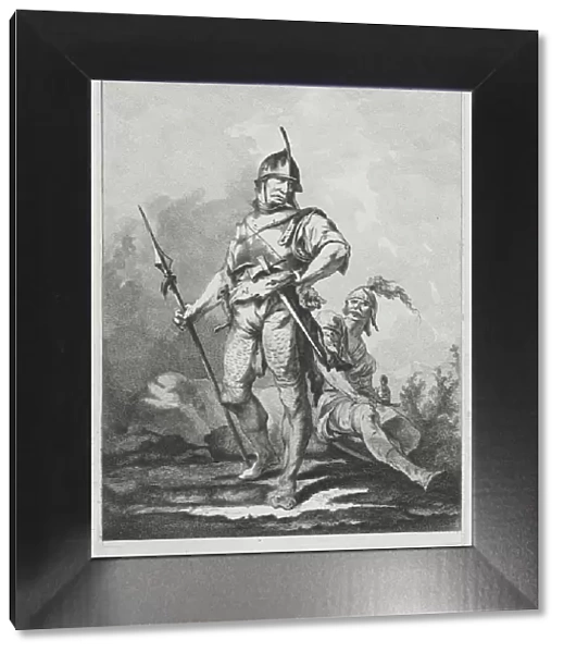 Two Soldiers, One Standing Holding a Lance, One Seated, 1764. Creator: Matthias Pfenninger