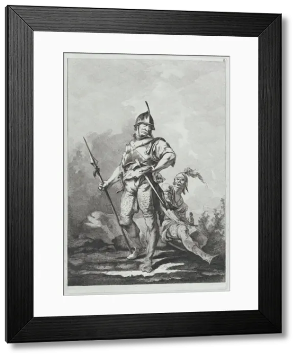 Framed Print : Two Soldiers, One Standing Holding a Lance, One Seated, 1764. Creator: Matthias Pfenninger Framed Print : Two Soldiers, One Standing Holding a Lance, One Seated, 1764. Creator: Matthias Pfenninger