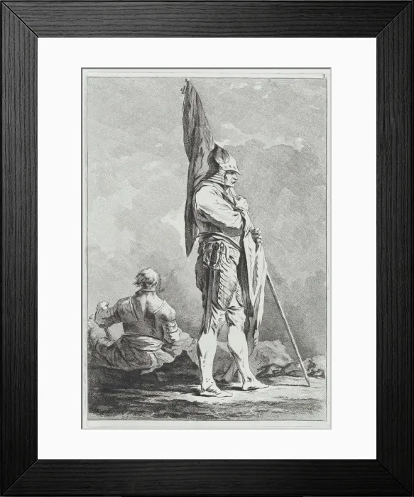 Framed Print : Two Soldiers, One Standing Holding a Flag, One Seated Seen from Behind, 1764. Creator: Matthias Pfenninger Framed Print : Two Soldiers, One Standing Holding a Flag, One Seated Seen from Behind, 1764. Creator: Matthias Pfenninger