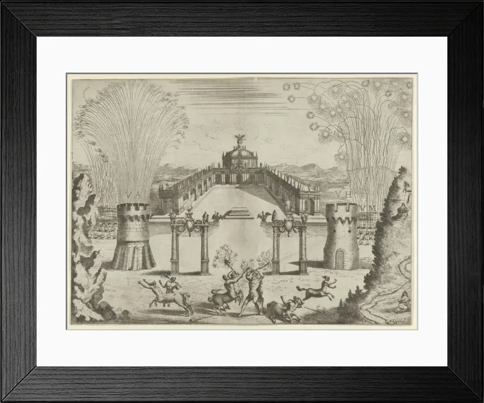 Framed Print : Pantomime with fireworks performed for the marriage of Emperor Leopold I to the Infanta Ma... 1666. Creator: Melchior Küsel Framed Print : Pantomime with fireworks performed for the marriage of Emperor Leopold I to the Infanta Ma... 1666. Creator: Melchior Küsel