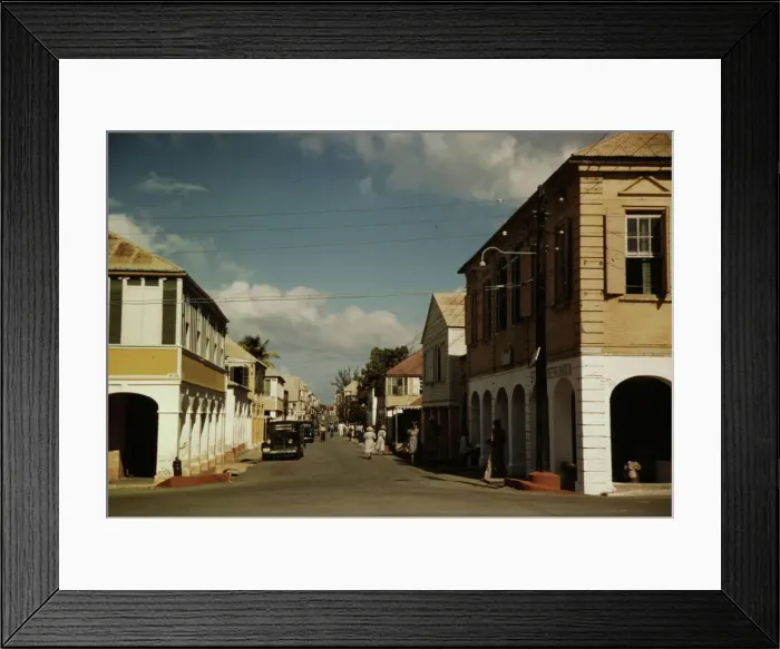 Framed Print : The main shopping street, Christiansted, Saint Croix, Virgin Islands, 1941. Creator: Jack Delano