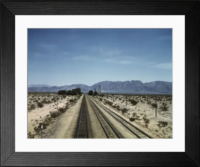 Framed Print : Santa Fe R. R. line leaving Cadiz, Calif. 1943. Creator: Jack Delano Framed Print : Santa Fe R. R. line leaving Cadiz, Calif. 1943. Creator: Jack Delano