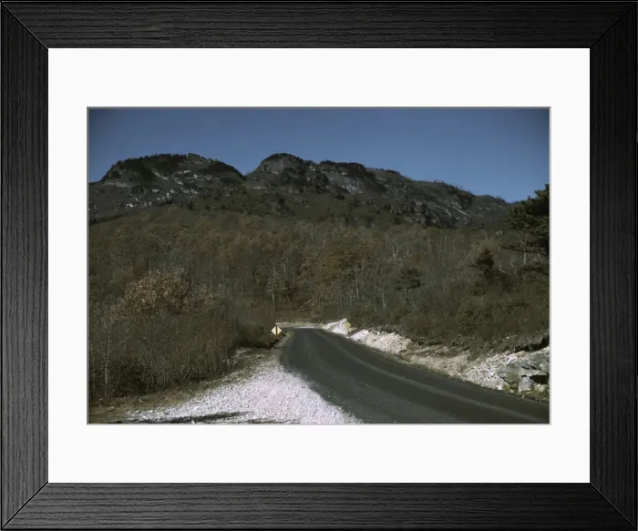 Framed Print : The road along the Skyline Drive, with a light snowfall in the rocks beside, Virginia, ca. 1940. Creator: Jack Delano Framed Print : The road along the Skyline Drive, with a light snowfall in the rocks beside, Virginia, ca. 1940. Creator: Jack Delano