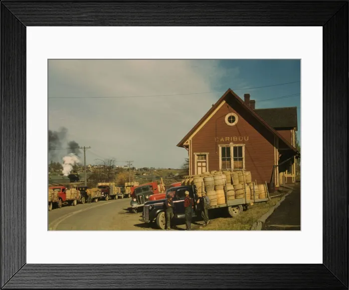 Framed Print : Trucks outside of a starch factory, Caribou, Aroostook County, Maine. 1940. Creator: Jack Delano Framed Print : Trucks outside of a starch factory, Caribou, Aroostook County, Maine. 1940. Creator: Jack Delano