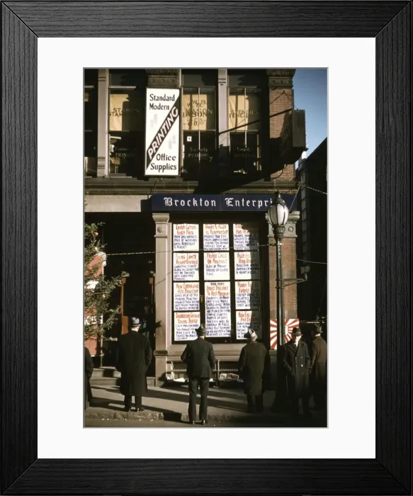 Framed Print : Men reading headlines posted in street-corner of Brockton Enterprise... office, Brockton, Mass. 1940 Creator: Jack Delano Framed Print : Men reading headlines posted in street-corner of Brockton Enterprise... office, Brockton, Mass. 1940 Creator: Jack Delano