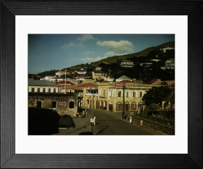 Framed Print : View down the main street from the Grand Hotel, Charlotte Amalie, St. Thomas Island, V. I. 1941. Creator: Jack Delano Framed Print : View down the main street from the Grand Hotel, Charlotte Amalie, St. Thomas Island, V. I. 1941. Creator: Jack Delano