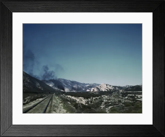 Framed Print : Freight train going up Cajon Pass through the San Bernardino Mountains, Cajon, Calif. 1943. Creator: Jack Delano