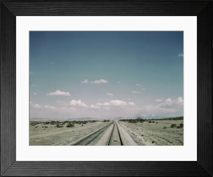 Framed Print : Flagman standing behind his train to flag oncoming trains at a small siding... New Mexico, 1943. Creator: Jack Delano Framed Print : Flagman standing behind his train to flag oncoming trains at a small siding... New Mexico, 1943. Creator: Jack Delano