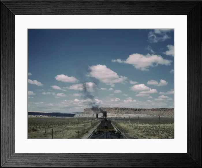 Framed Print : A freight train stopping for coal and water at a siding enroute to Gallup, New Mexico, 1943. Creator: Jack Delano Framed Print : A freight train stopping for coal and water at a siding enroute to Gallup, New Mexico, 1943. Creator: Jack Delano